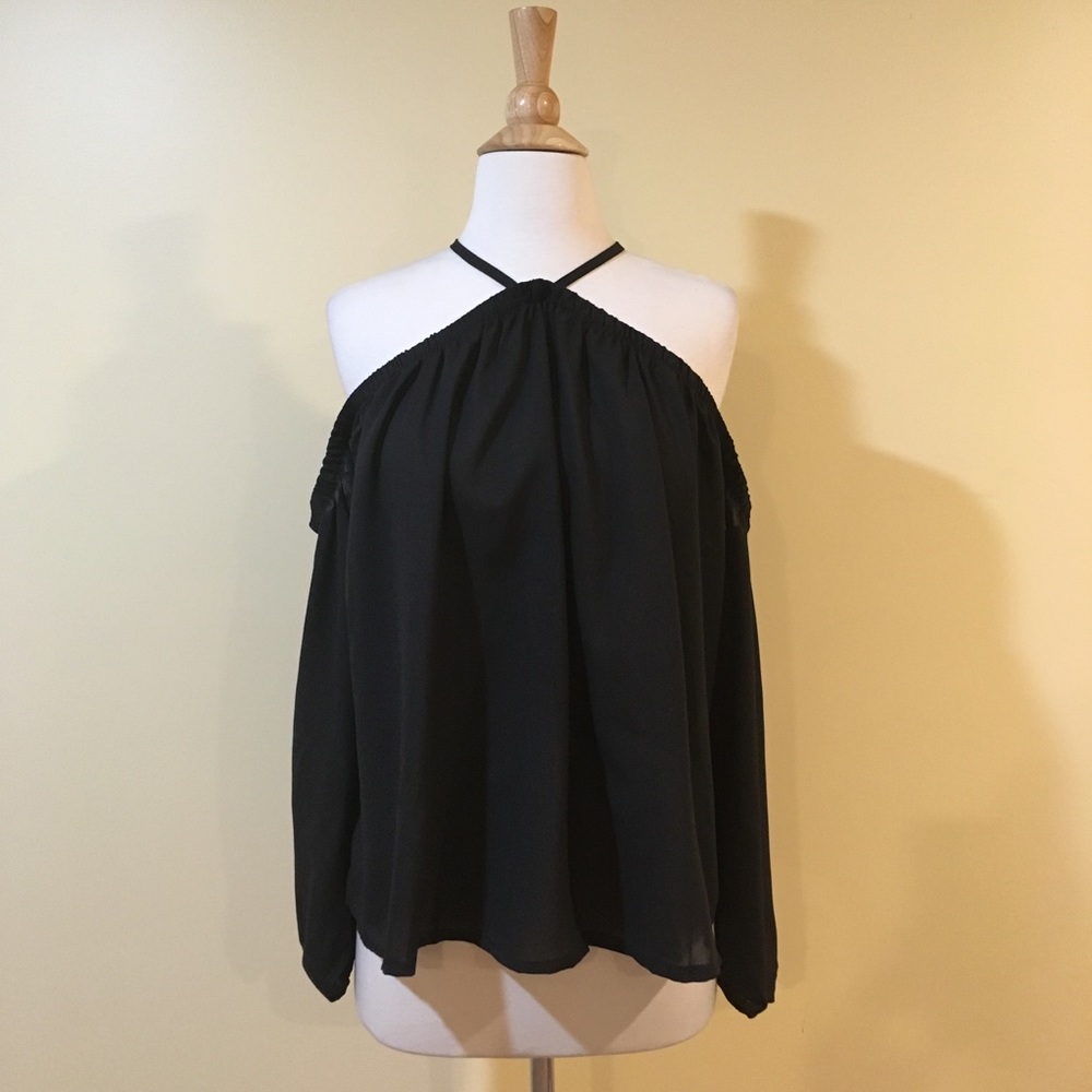 Off Shoulder Halter Long Sleeve Chiffon Blouse - Picture 4 of 6